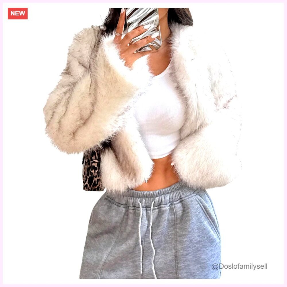 Faux Fur Cropped Jacket Open Front Long Sleeve Outerwear Women's Coat